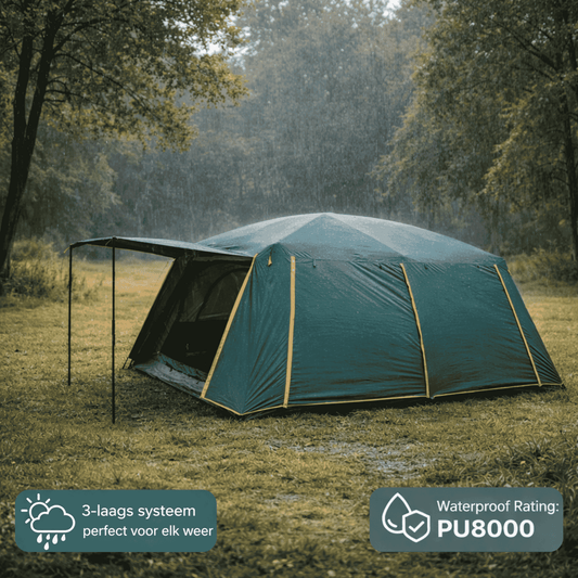 Lyve Family Tent in closed storm mode, withstanding rain and wind